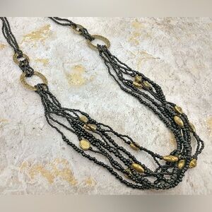 Black Seed Bead Layered Multi Strand Necklace with Antique Gold Finish Links NEW